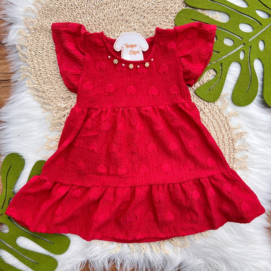 Vestido Anarruga com Pérolas e Corações - Vermelho 
